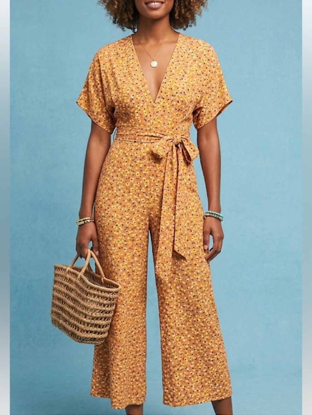 Faithfull The Brand Natasha Floral Open Back Jumpsuit Size 8 Orange Wide Leg